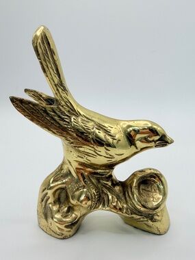 Vintage Solid Brass Bird Songbird Figurine on Branch MCM Hollywood Regency Decor